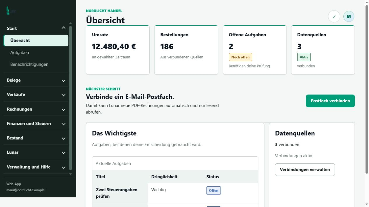 Lunar-Arbeitsbereich mit synthetischen Demo-Daten